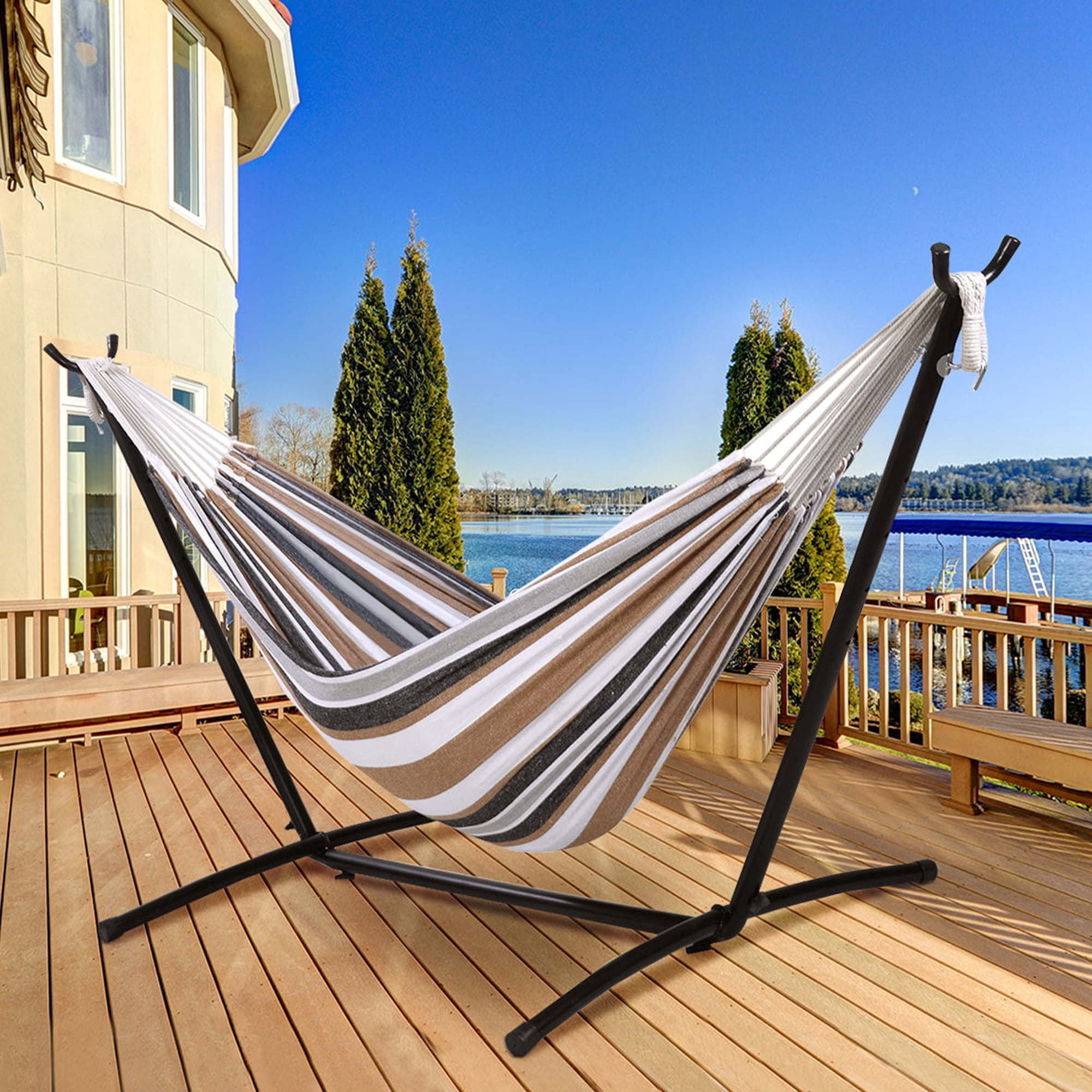 2-Person Hammock with Stand 450lb Capacity and Portable Carrying Bag, 48"W x 120"L, Desert Stripes 2-Person Hammock with Stand 450lb Capacity and Portable Carrying Bag, 48"W x 120"L, Desert Stripes