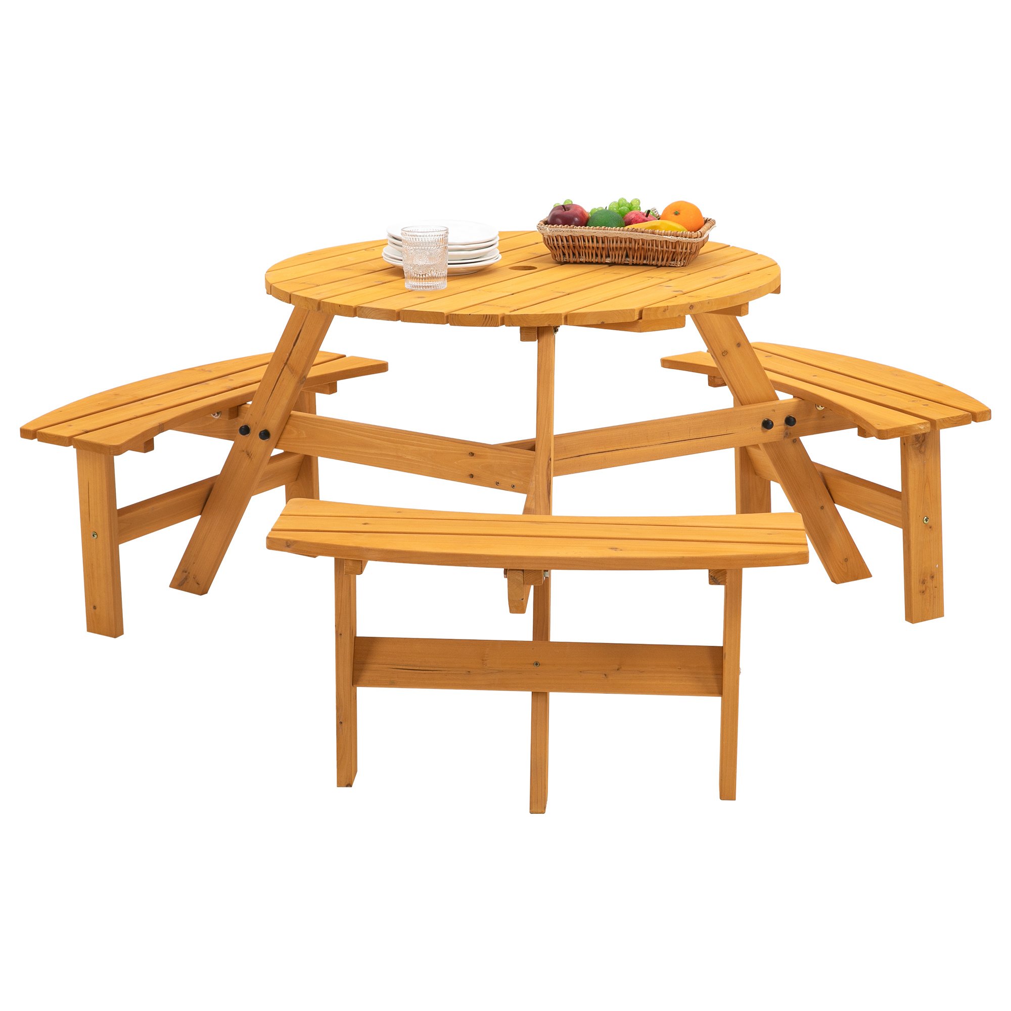 Circular Outdoor Wooden Picnic Table with Built-in Benches for Patio Backyard Garden; DIY; 1720lb Capacity; Natural/Gray Circular Outdoor Wooden Picnic Table with Built-in Benches for Patio Backyard Garden; DIY; 1720lb Capacity; Natural/Gray